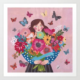 Woman with flower bouquet Art Print