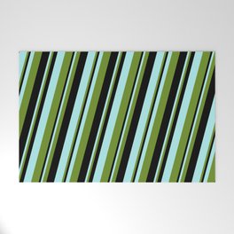 [ Thumbnail: Turquoise, Green & Black Colored Lines/Stripes Pattern Welcome Mat ]