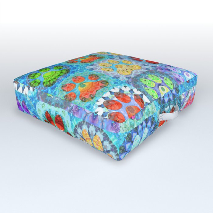 Patchwork Paws - Colorful Whimsical Dog Paw Art Outdoor Floor Cushion
