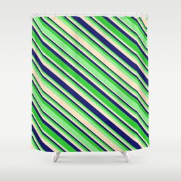[ Thumbnail: Lime Green, Light Green, Bisque, and Midnight Blue Colored Lined Pattern Shower Curtain ]