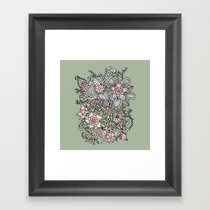 Modern green pink floral handdrawn pattern Framed Art Print