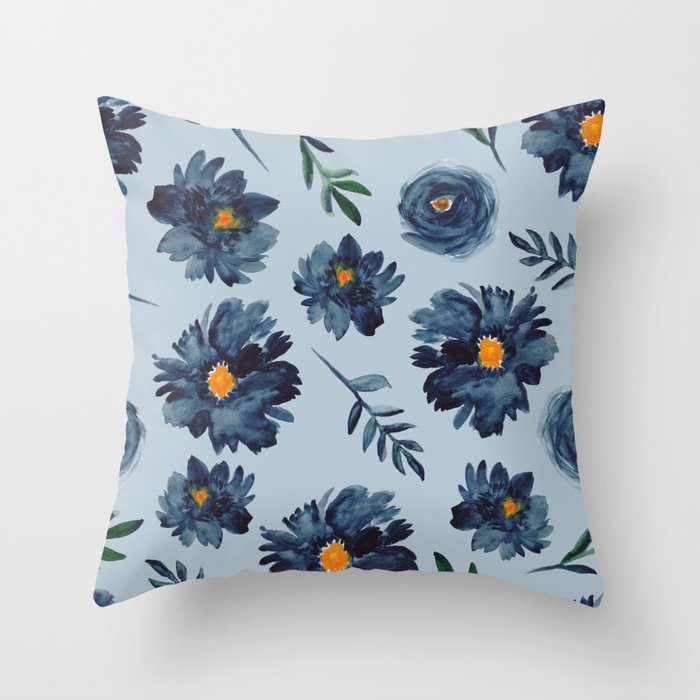 Watercolor Flower Pattern - Classic Blue - Indigo Throw Pillow