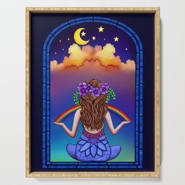 Midnight Window Crescent Moon Meditation - colorful print metaphysical Spiritual art Serving Tray