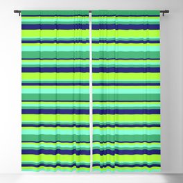 [ Thumbnail: Aquamarine, Sea Green, Midnight Blue & Light Green Colored Stripes Pattern Blackout Curtain ]