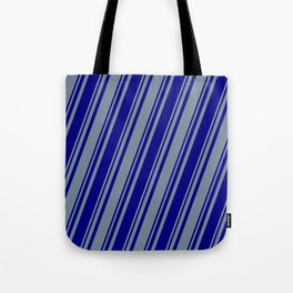 [ Thumbnail: Blue and Light Slate Gray Colored Stripes Pattern Tote Bag ]