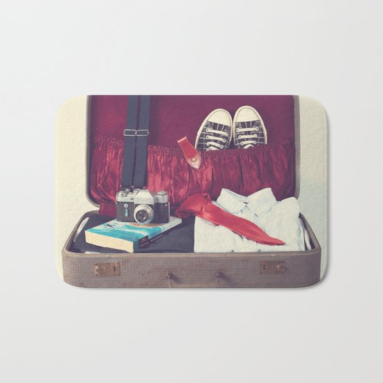 Vintage Journey Suitcase (His) (Retro and Vintage Still Life Photography) Bath Mat