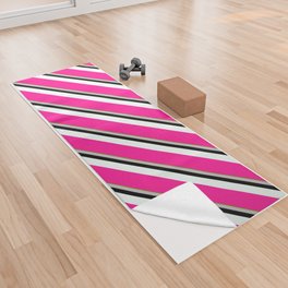 [ Thumbnail: Vibrant Green, Grey, Black, Mint Cream, and Deep Pink Colored Stripes Pattern Yoga Towel ]