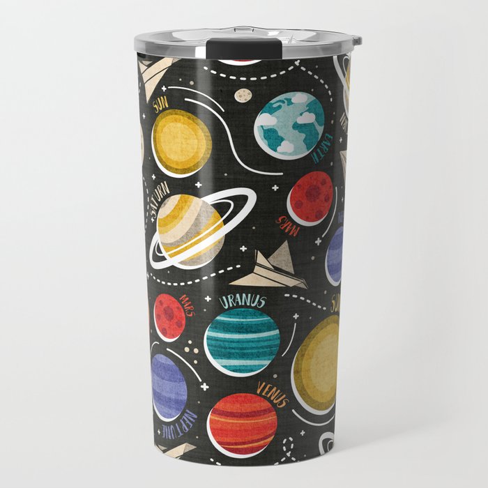 Paper space adventure I // black background multicoloured solar system paper cut planets origami paper spaceships and rockets  Travel Mug