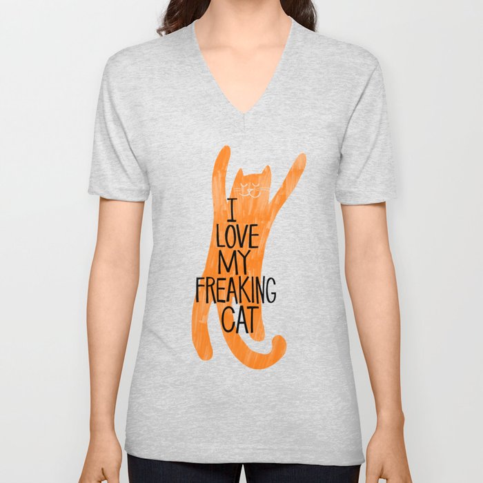 I love my freaking cat - orange V Neck T Shirt