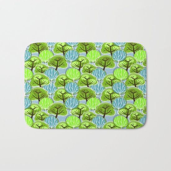 Retro Trees, in blue and green Bath Mat
