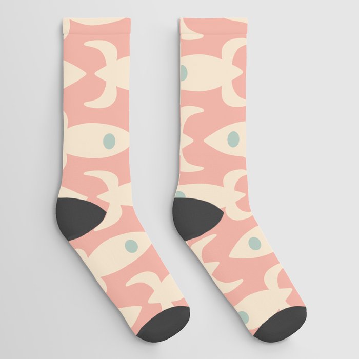 Space Age Rocket Ships - Atomic Age Mid-Century Modern Pattern in Blush Pink and Cream Socks