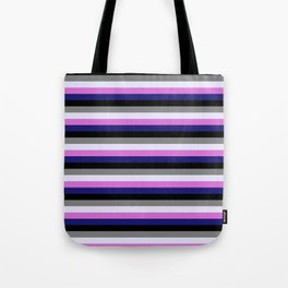 [ Thumbnail: Colorful Orchid, Midnight Blue, Black, Grey, and Lavender Colored Pattern of Stripes Tote Bag ]