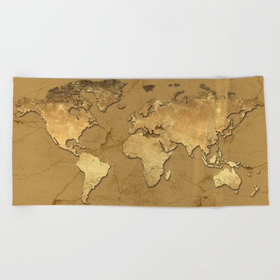 world map marble gold 3 Beach Towel