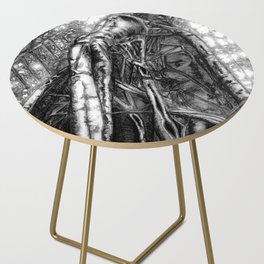Black and white drawing of a twisted and gnarly Fig Tree Side Table