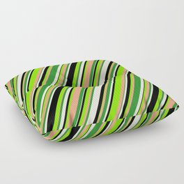 [ Thumbnail: Eyecatching Chartreuse, Light Salmon, Forest Green, Beige & Black Colored Striped/Lined Pattern Floor Pillow ]