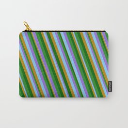 [ Thumbnail: Vibrant Purple, Light Sky Blue, Dark Goldenrod, Dark Green, and Forest Green Colored Lines Pattern Carry-All Pouch ]