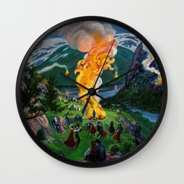 Tyrol Alpine River Valley Bonfires of the Summer Solstice landscape painting by Nikolai Astrup Wall Clock
