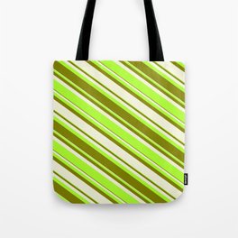 [ Thumbnail: Beige, Light Green & Green Colored Striped/Lined Pattern Tote Bag ]