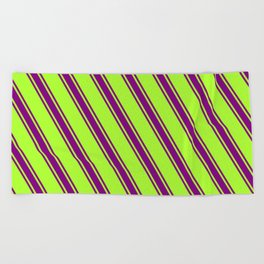 [ Thumbnail: Light Green and Purple Colored Lines/Stripes Pattern Beach Towel ]
