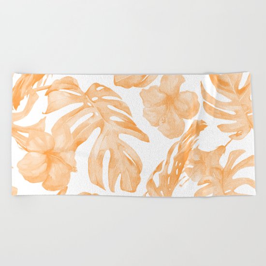Island Vacation Hibiscus Palm Leaf Coral Orange Beach Towel