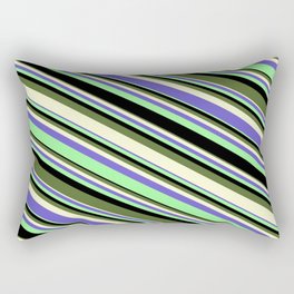 [ Thumbnail: Eye-catching Green, Black, Dark Olive Green, Light Yellow, and Slate Blue Colored Stripes Pattern Rectangular Pillow ]