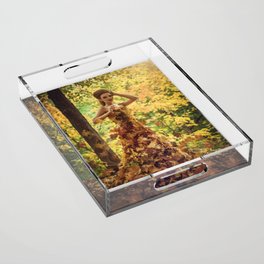 Autumn leaves; female wearing gown dress of leaves magical realism fantasy color portrait photograph / photograph  Acrylic Tray