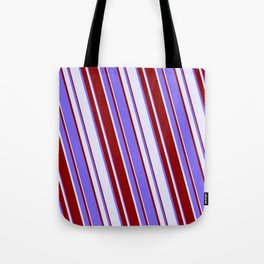 [ Thumbnail: Medium Slate Blue, Lavender & Dark Red Colored Stripes/Lines Pattern Tote Bag ]