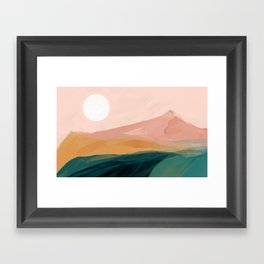pink, green, gold moon watercolor mountains Framed Art Print