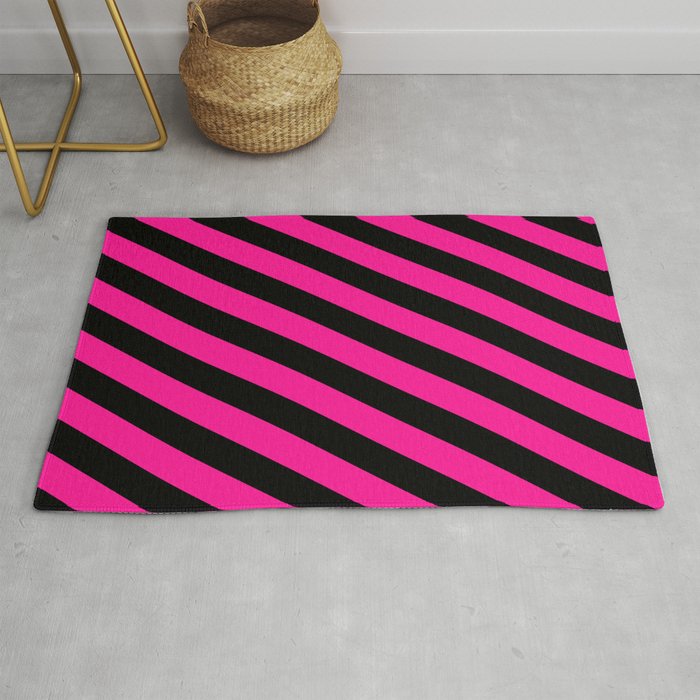 Black and Deep Pink Colored Lines/Stripes Pattern Rug