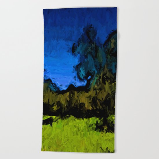 Gold Trees in the Blue Wind Beach Towel