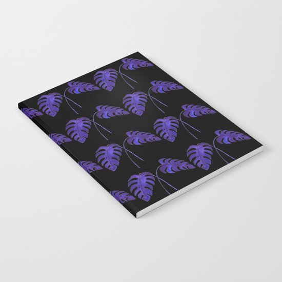 Indigo Monstera Leaf Watercolor on Black Notebook