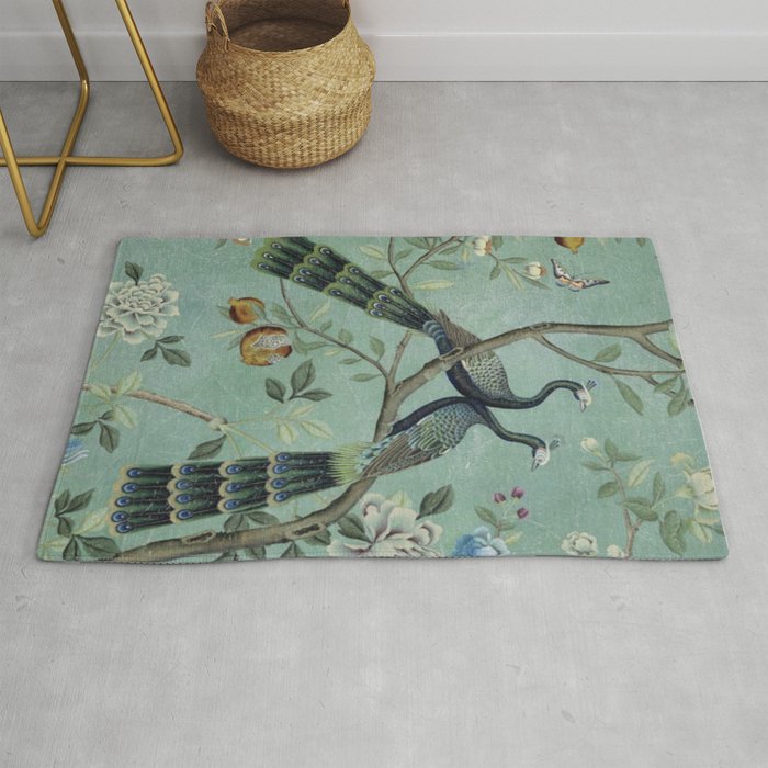 A Teal of Two Birds Chinoiserie Rug