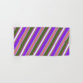 [ Thumbnail: Dark Olive Green, Light Coral, Purple & Lavender Colored Stripes/Lines Pattern Hand & Bath Towel ]