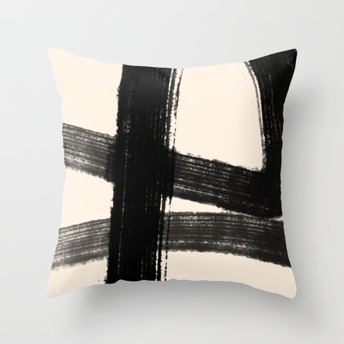 Abstract Minimalist Painted Brushstrokes in Black and Almond Cream 1 Throw Pillow