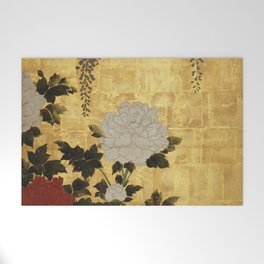 Vintage Japanese Floral Gold Leaf Screen With Wisteria and Peonies Welcome Mat