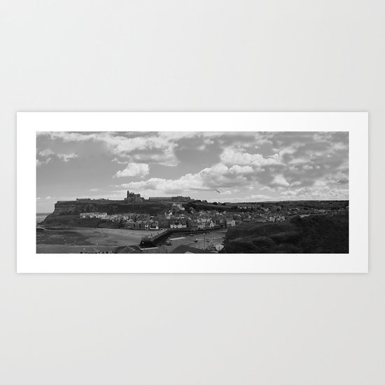 Monochrome version of a Whitby Harbour Panorama Art Print