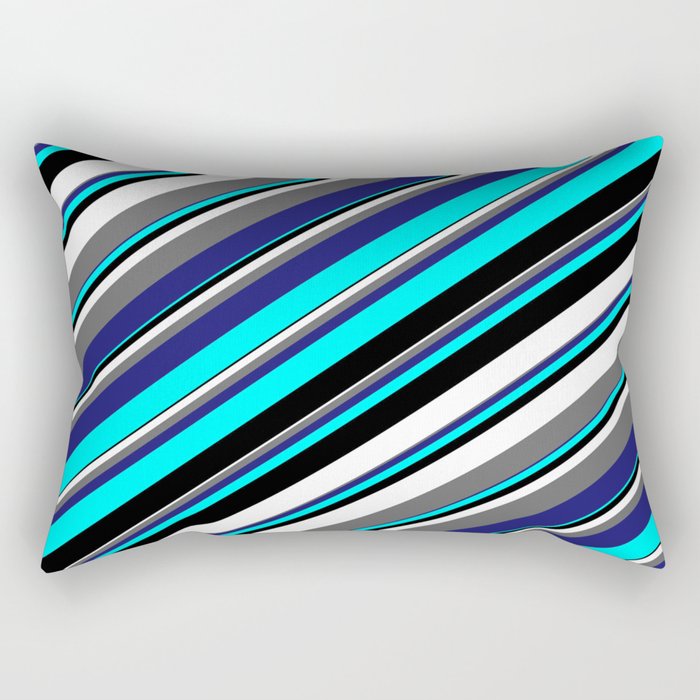 Aqua, Black, White, Dim Gray & Midnight Blue Colored Stripes/Lines Pattern Rectangular Pillow