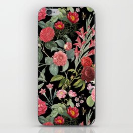  Blooming Pink Flowers Night Garden - Vintage Botanical illustration collage on the  black backgound iPhone Skin