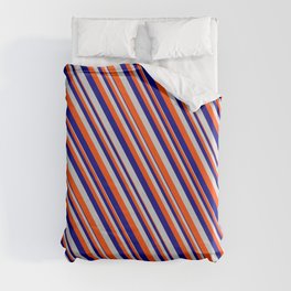 [ Thumbnail: Blue, Light Gray & Red Colored Lined Pattern Duvet Cover ]