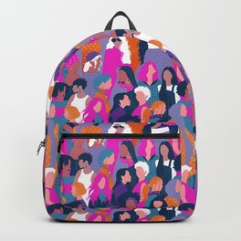 Every day we glow International Women's Day // midnight navy blue background violet purple curious blue shocking pink and orange copper humans  Backpack