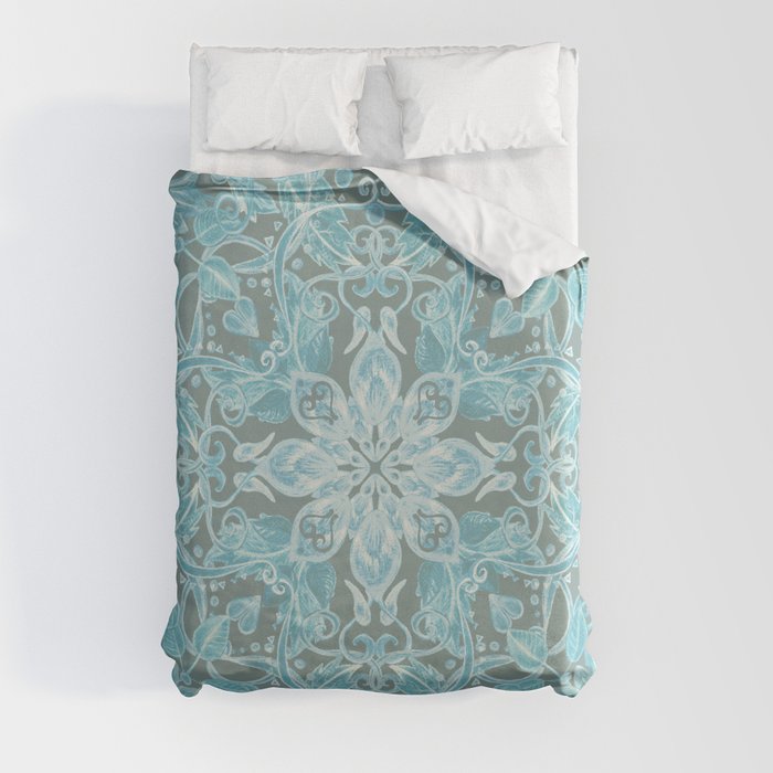 Soft Teal Blue & Grey hand drawn floral pattern Duvet Cover