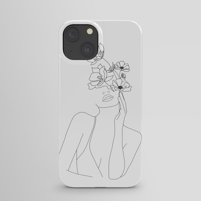 Minimal Line Art Woman with Flowers iPhone Case