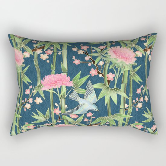 Bamboo, Birds and Blossom - dark teal Rectangular Pillow