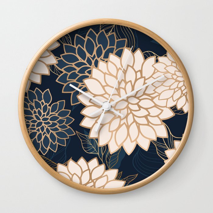 Floral Aesthetic in Navy, Blue, Ivory and Gold Wall Clock