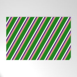 [ Thumbnail: Purple, Light Salmon, Green, White, and Black Colored Striped/Lined Pattern Welcome Mat ]