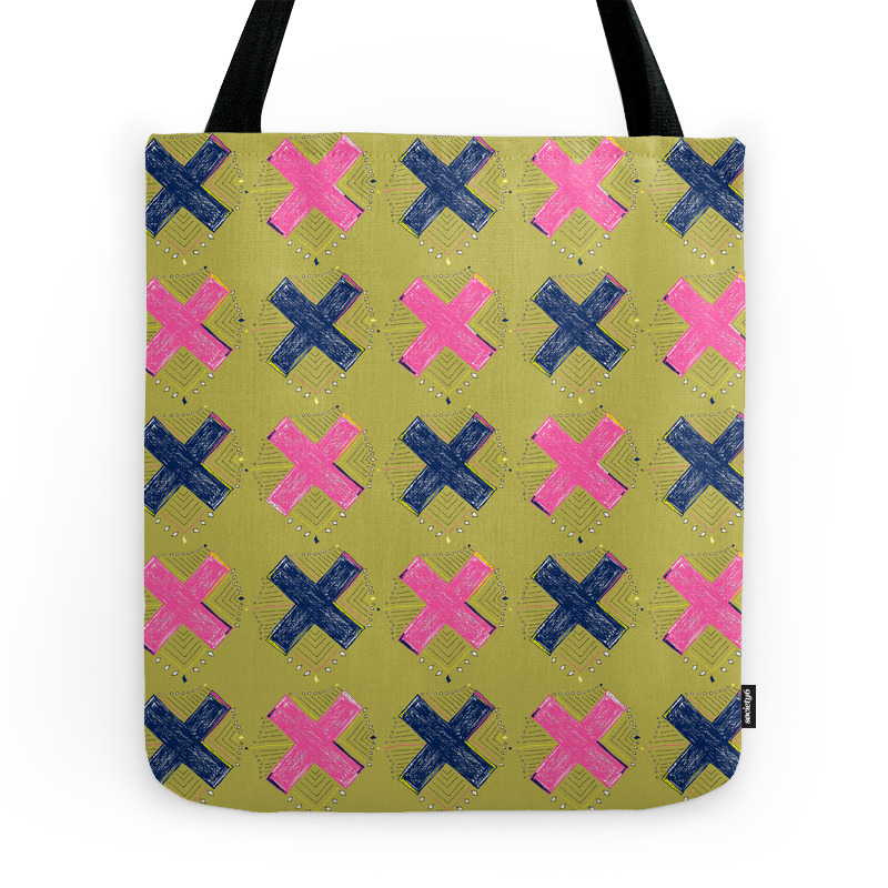 Tic Tac Toe-Pink, Olive and Blue. Tote by indigoimages