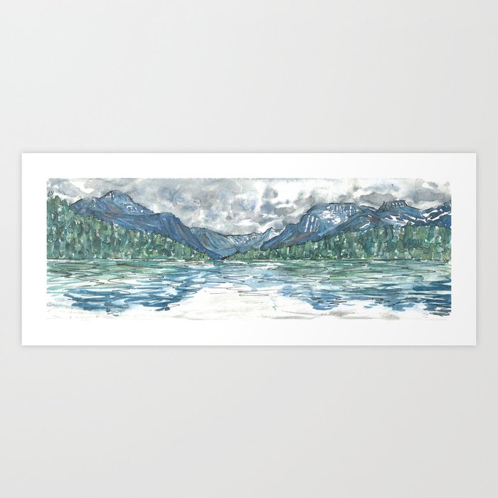Kintla Lake Watercolor Painting of Glacier National Park Art Print