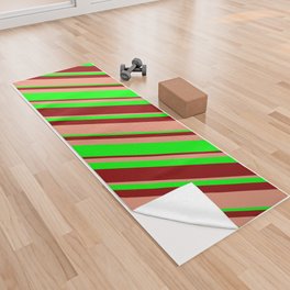[ Thumbnail: Dark Salmon, Lime, and Dark Red Colored Lines Pattern Yoga Towel ]