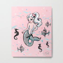 Pearla the Mermaid on Pink Metal Print | Mermaid, Retro, Missfluff, Retromermaid, Seahorses, Mermaiddesign, Mermaidtattoo, Mermaidart, Mermaids, Seahorse 