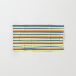[ Thumbnail: Brown, Blue, and Tan Colored Striped/Lined Pattern Hand & Bath Towel ]